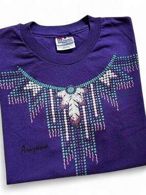 Vintage 90s Purple Arizona Native American Graphic Tee with Bead Feather Design